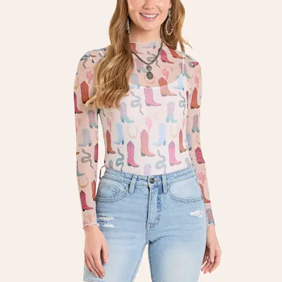 Rock & Roll Denim Women's White Boot Print Long Sleeve Mesh Top