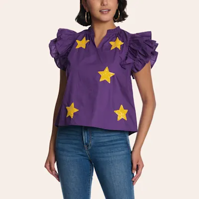 Blue B Women's Purple & Gold Sparkly Star Ruffle Sleeve Top