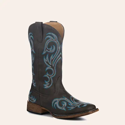 Roper Women’s Riley Brown with Blue Embroidery Faux Leather Wide Square Toe Cowboy Boots
