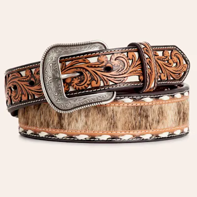 Rafter C Men's Hair-On & Brown Tooled Leather Silver Buckle Belt