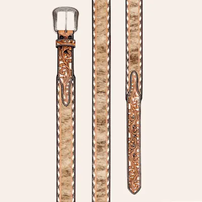 Rafter C Men's Hair-On & Brown Tooled Leather Silver Buckle Belt