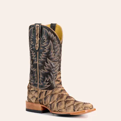 Cavender’s Men’s Chocolate and Coffee Pirarucu and Leather Wide Square Toe Exotic Cowboy Boots