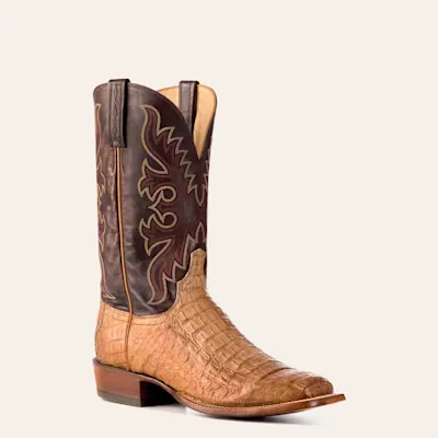 Lucchese Men's Burnished Coffee Hornback Caiman Wide Square Toe Boots