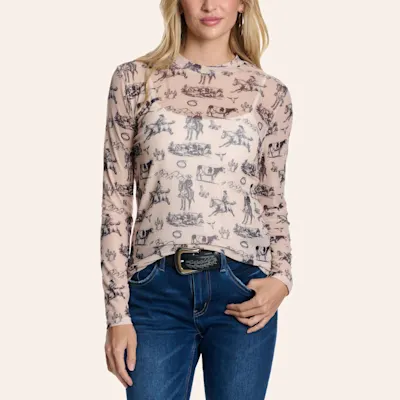 Merigold Kiss Women's Cream & Black Western Print Long Sleeve Mesh Top