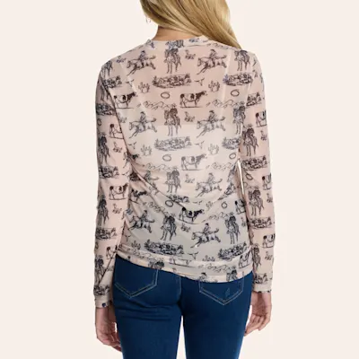 Merigold Kiss Women's Cream & Black Western Print Long Sleeve Mesh Top