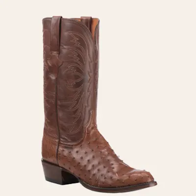 Lucchese Men's Barnwood Tan and Brown Full Quill Ostrich R-Toe Exotic Cowboy Boots