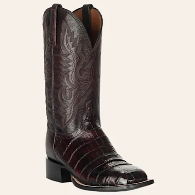 Lucchese Men's 1883 Black Cherry Caiman Tail and Smooth Ostrich Square Toe Exotic Western Boots