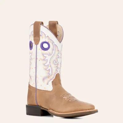 Old West Youth Light Brown and Rainbow Crackle Wide Square Toe Cowboy Boots