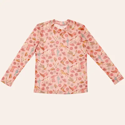 Twisted Filly Girls' Pink Western Print Long Sleeve Mesh Top