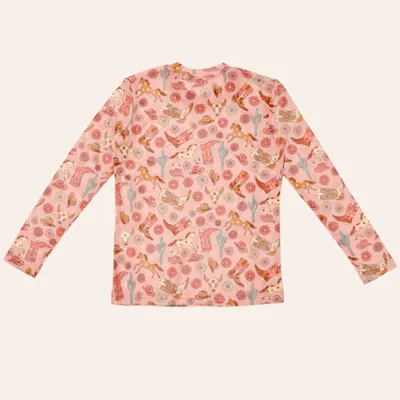 Twisted Filly Girls' Pink Western Print Long Sleeve Mesh Top