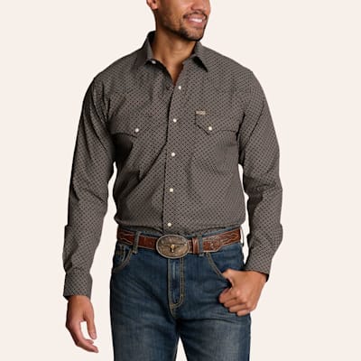 Rafter C Men's Brown Geo Print Stretch Long Sleeve Pearl Snap Western Shirt - Big & Tall