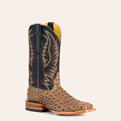 Cavender's Men's Pecan Caiman Print and Black Wide Square Toe Cowboy Boots