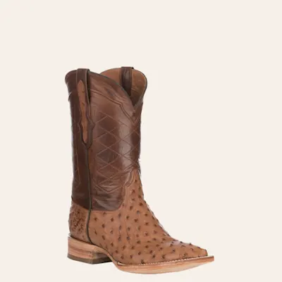 Black Jack Men's Burnished Brown Full Quill Ostrich and Cigar Wide Square Toe Exotic Cowboy Boots