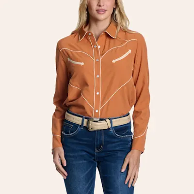 Merigold Kiss Women's Rust Embroidered Long Sleeve Pearl Snap Western Shirt