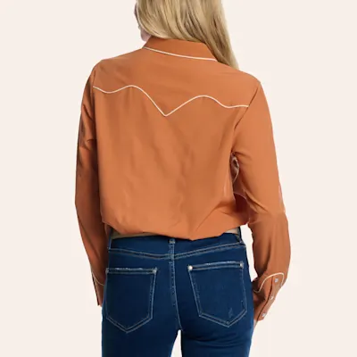 Merigold Kiss Women's Rust Embroidered Long Sleeve Pearl Snap Western Shirt