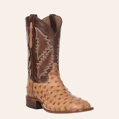 Tony Lama Men's Bourbon and Saddle Tan Full Quill Ostrich Wide Square Toe Exotic Cowboy Boot - Cavender's Exclusive