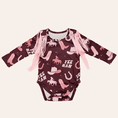 Shea Baby Infant Girls' Multicolor Yeehaw Cowgirl Print Fringed Long Sleeve Onesie