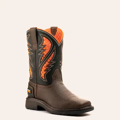 Ariat Youth VentTEK Cocoa Brown and Black with Orange Vents Wide Square Toe Work Boots