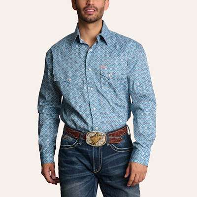 Rafter C Men's Turquoise Geo Print Long Sleeve Pearl Snap Western Shirt