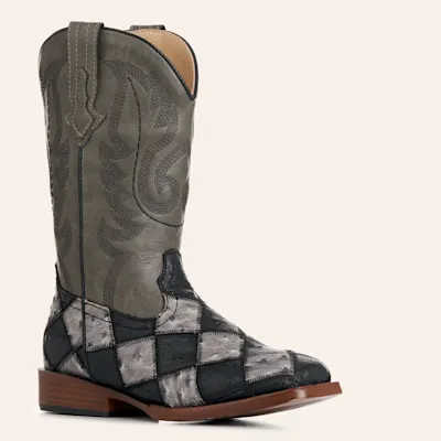 Roper Toddler Bird Blocks Black & Gray Faux Ostrich Wide Square Toe Cowboy Boots