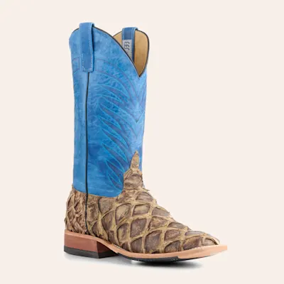 Anderson Bean Men's Blue and Rustic Saddle Brown Big Bass Wide Square Toe Hybrid Exotic Cowboy Boots
