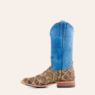 Anderson Bean Men's Blue and Rustic Saddle Brown Big Bass Wide Square Toe Hybrid Exotic Cowboy Boots
