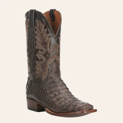Lucchese Men's Barrel Brown Burnish and Chocolate Hornback Caiman Wide Square Toe Exotic Cowboy Boots