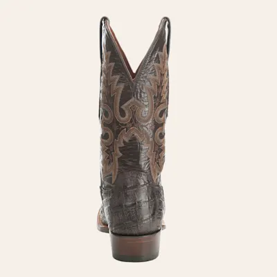 Lucchese Men's Barrel Brown Burnish and Chocolate Hornback Caiman Wide Square Toe Exotic Cowboy Boots