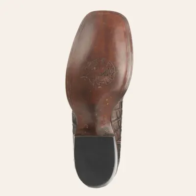 Lucchese Men's Barrel Brown Burnish and Chocolate Hornback Caiman Wide Square Toe Exotic Cowboy Boots