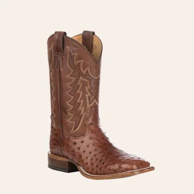 Tony Lama Men's Tan and Brandy Full Quill Ostrich Wide Square Toe Exotic Cowboy Boot - Cavender's Exclusive