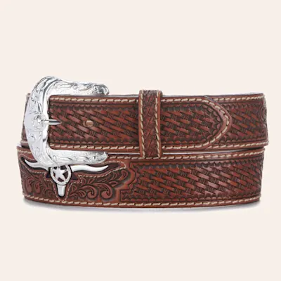 Justin Men's Natural Brown Trophy Bull Tooled Leather Western Belt
