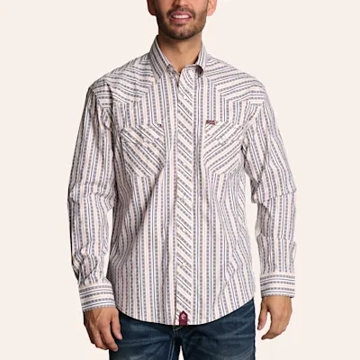 Rafter C Men's Khaki Aztec Stripe Print Long Sleeve Pearl Snap Western Shirt