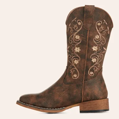 Roper Toddler Bailey Brown & Tan Embroidered Faux Leather Wide Square Toe Cowboy Boots