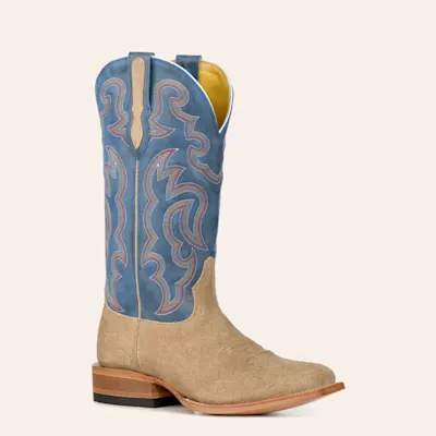 Cavender's Men's Tan Roughout and Blue Wide Square Toe Cowboy Boots