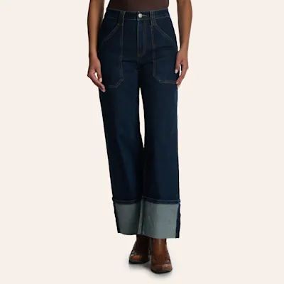 Mica Denim Women's Dark Wash High Rise Wide Leg Utility Pocket Cuffed Jeans