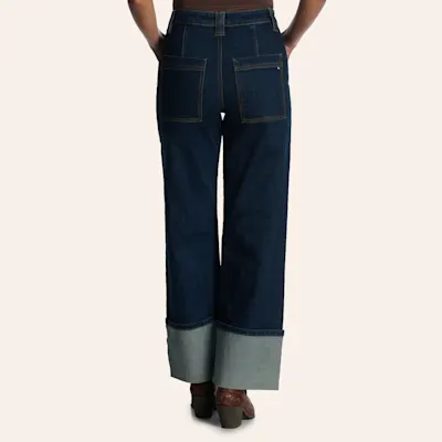 Mica Denim Women's Dark Wash High Rise Wide Leg Utility Pocket Cuffed Jeans