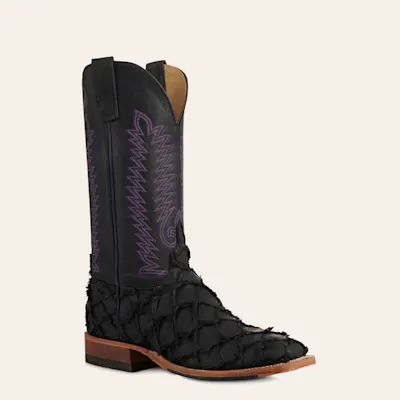 Anderson Bean Men's Black Pirarucu Wide Square Toe Exotic Cowboy Boots