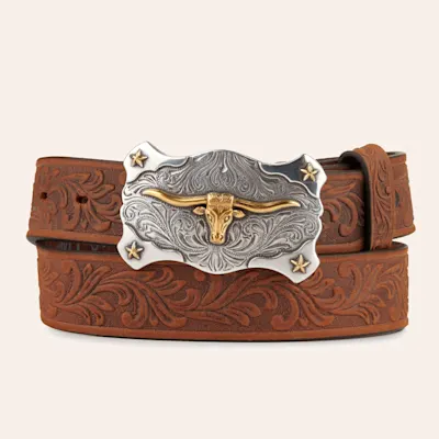 Tony Lama Kids' Aged Brown with Texas Longhorn Buckle Tooled Belt