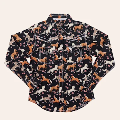 Cowgirl Hardware Girl's Black Horse Flowers Print Western Shirt