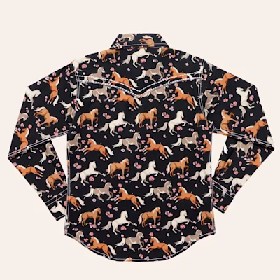 Cowgirl Hardware Girl's Black Horse Flowers Print Western Shirt
