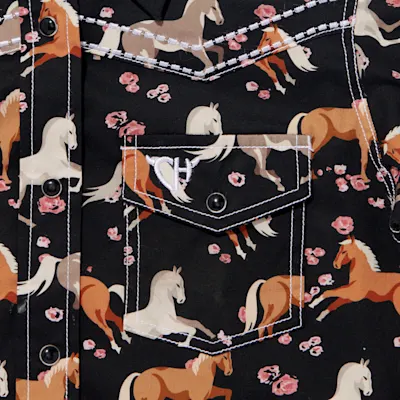 Cowgirl Hardware Girl's Black Horse Flowers Print Western Shirt