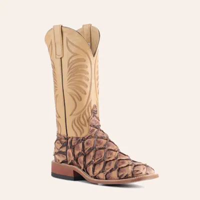 Anderson Bean Men's Ivory and Brown Matte Big Bass Wide Square Toe Exotic Cowboy Boots