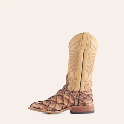 Anderson Bean Men's Ivory and Brown Matte Big Bass Wide Square Toe Exotic Cowboy Boots