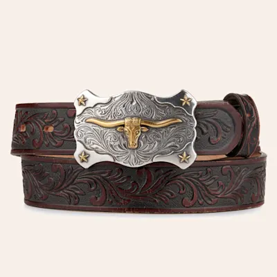 Tony Lama Kids' Brown with Texas Longhorn Buckle Tooled Belt