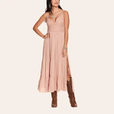 Blue B Women's Peach with Lace Double Straps Midi Dress