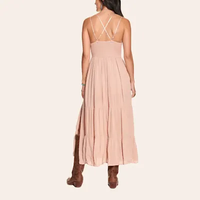 Blue B Women's Peach with Lace Double Straps Midi Dress