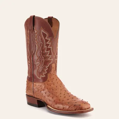 Lucchese Men's Tan and Barnwood Full Quill Ostrich Square Toe Exotic Cowboy Boots