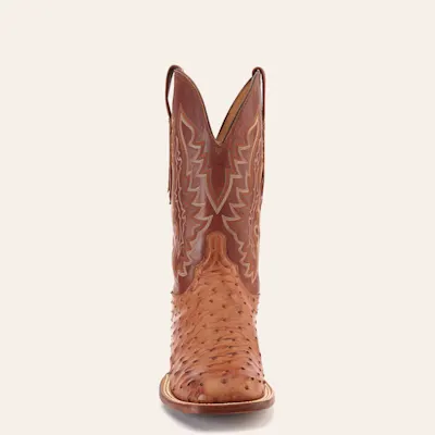 Lucchese Men's Tan and Barnwood Full Quill Ostrich Square Toe Exotic Cowboy Boots