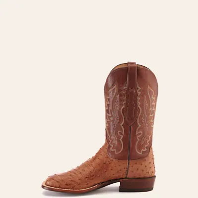 Lucchese Men's Tan and Barnwood Full Quill Ostrich Square Toe Exotic Cowboy Boots
