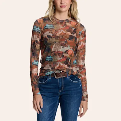 Merigold Kiss Women's Brown Truck & Tractor Print Long Sleeve Mesh Top